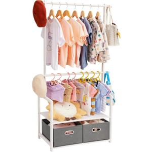 Kids Clothing Rack Bamboo with 2 Storage Baskets and 2 Adjustable Hanging Rods,Child Garment Holder with Shelf, Dress up Stand for Playroom,Toddlers Bedroom (White)