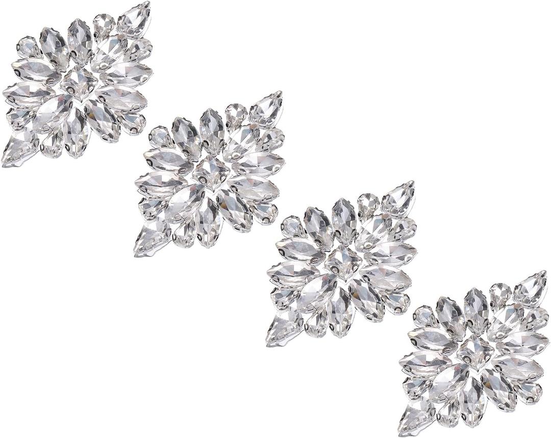 uxcell 4Pcs Flower Rhinestone Applique, 2.64" x 1.69" Iron on Rhinestone Patch Sparkling Crystal Applique for Clothes Jeans Jackets Bags Bridal Wedding, Silver