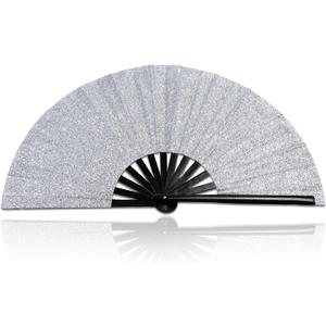 3 x Large Hand Fan Folding Rave Fans(White)-Premium Glitter Fabric & Portable Bamboo Frame for Line Dancing,EDM Festivals Gift,Club Parties,Kung Fu (silver)