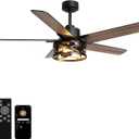 52 Inch Ceiling Fans with Lights and Remote Control, Low Profile Farmhouse Ceiling Fan for Bedroom Living Room and Patio, Black Caged Ceiling Fan for Indoor and Outdoor（NO BULBS）