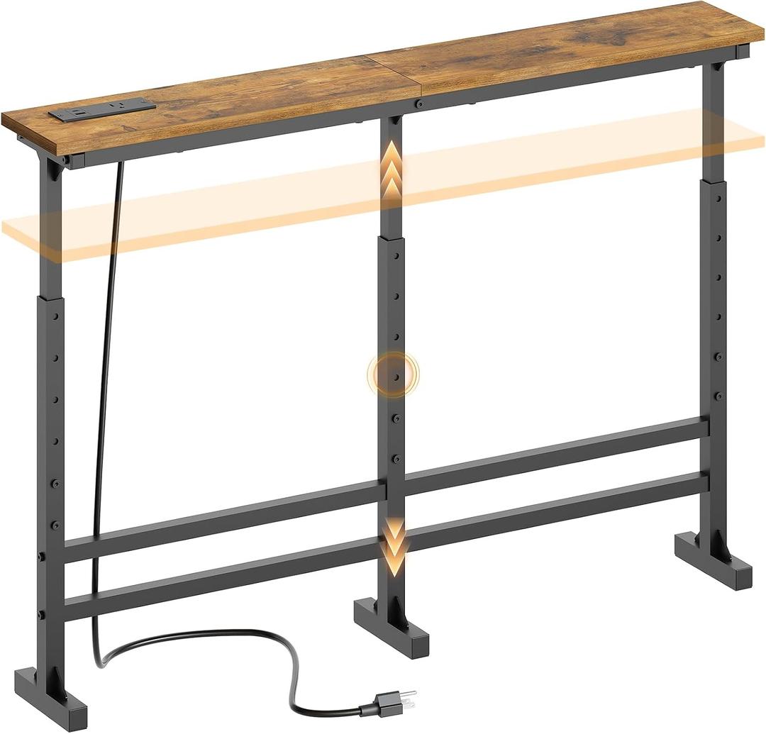 YATINEY 39.4" Console Table with Adjustable Height (27.6"-35.4") and Power Outlet, Skinny Behind Couch Table, Narrow Long Sofa Table for Living Room, Hallway, Entryway, Rustic Brown and Black CT33UBR, 39.4"L x 5.9"W x 27.6"-35.4"H