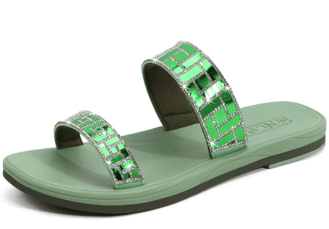 ONCAI Flat Sandals for Women with Glittery Rhinestones Trendy Square Open Toe Summer Dressy Sparkly Slides Sandles with Slip-on Rubber Soles, Size 7.5