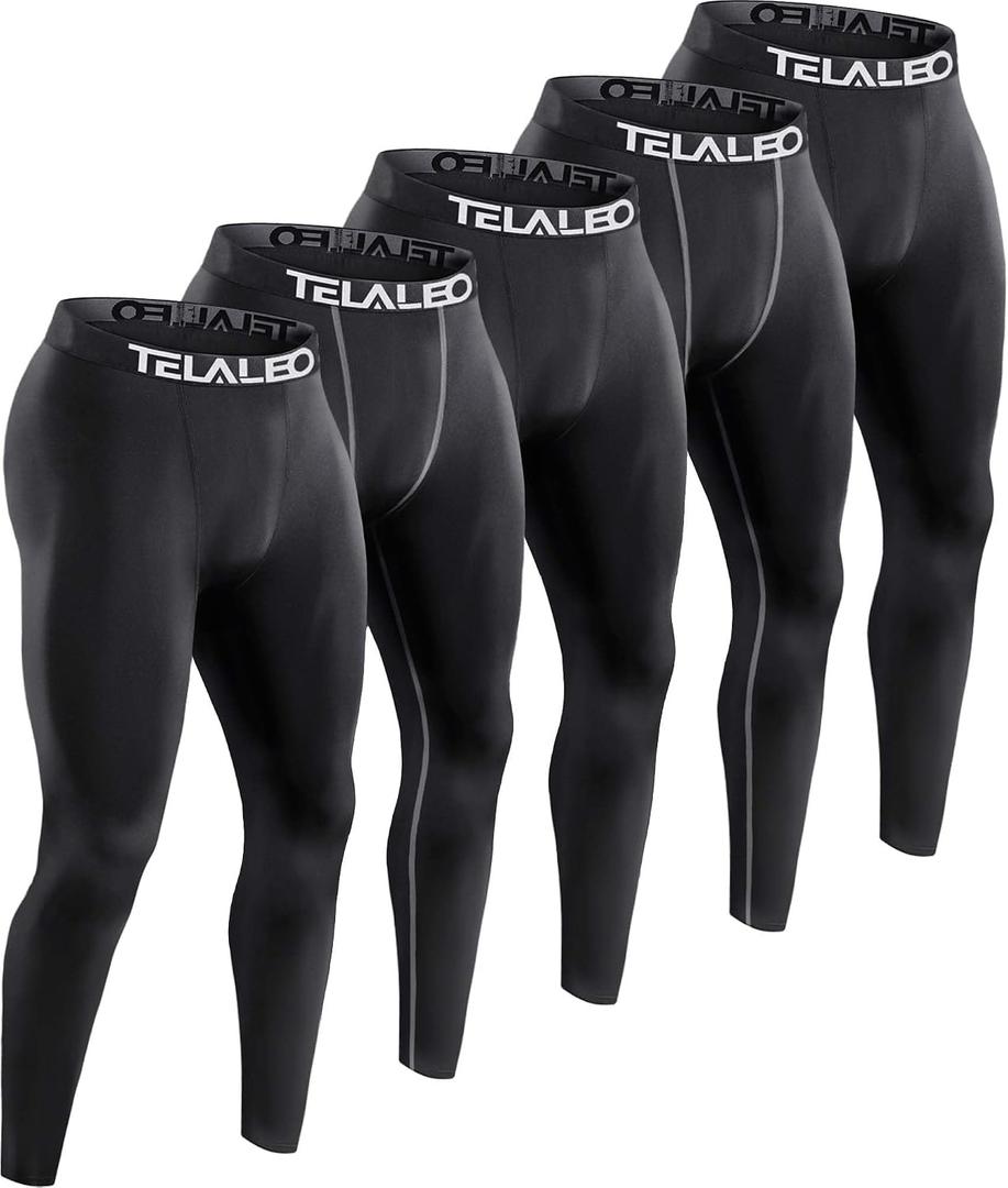 TELALEO 5 Pack Men's Compression Pants for Workout, Running,Basketball,Football-Sports Baselayer Leggings (L)