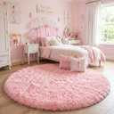 Amdrebio Light Pink Round Circle Rug 4Ft for Girls Bedroom, Fluffy Cute Area Rugs for Kids Room Decor Aesthetic, Kawaii Shag Fuzzy Fur Carpet for Nursery, Preppy Dorm, Classroom, Playroom, Teen, Baby