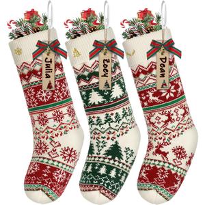 LIBWYS Knit Christmas Stockings with Patterns Reindeer, Tree, Snowflake-3 Pack 18 Inch Large Knit Stockings, Personalized Christmas Stockings with DIY Name Tags for Family Holiday Decor