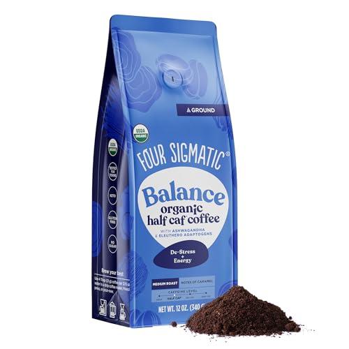 Four Sigmatic Organic Balance Adaptogen Ground Coffee | Medium Roast USDA Organic Coffee with Ashwagandha, Chaga Mushroom, Eleuthero and Tulsi for Focus and Energy Boosting | 12oz Bag 8pk