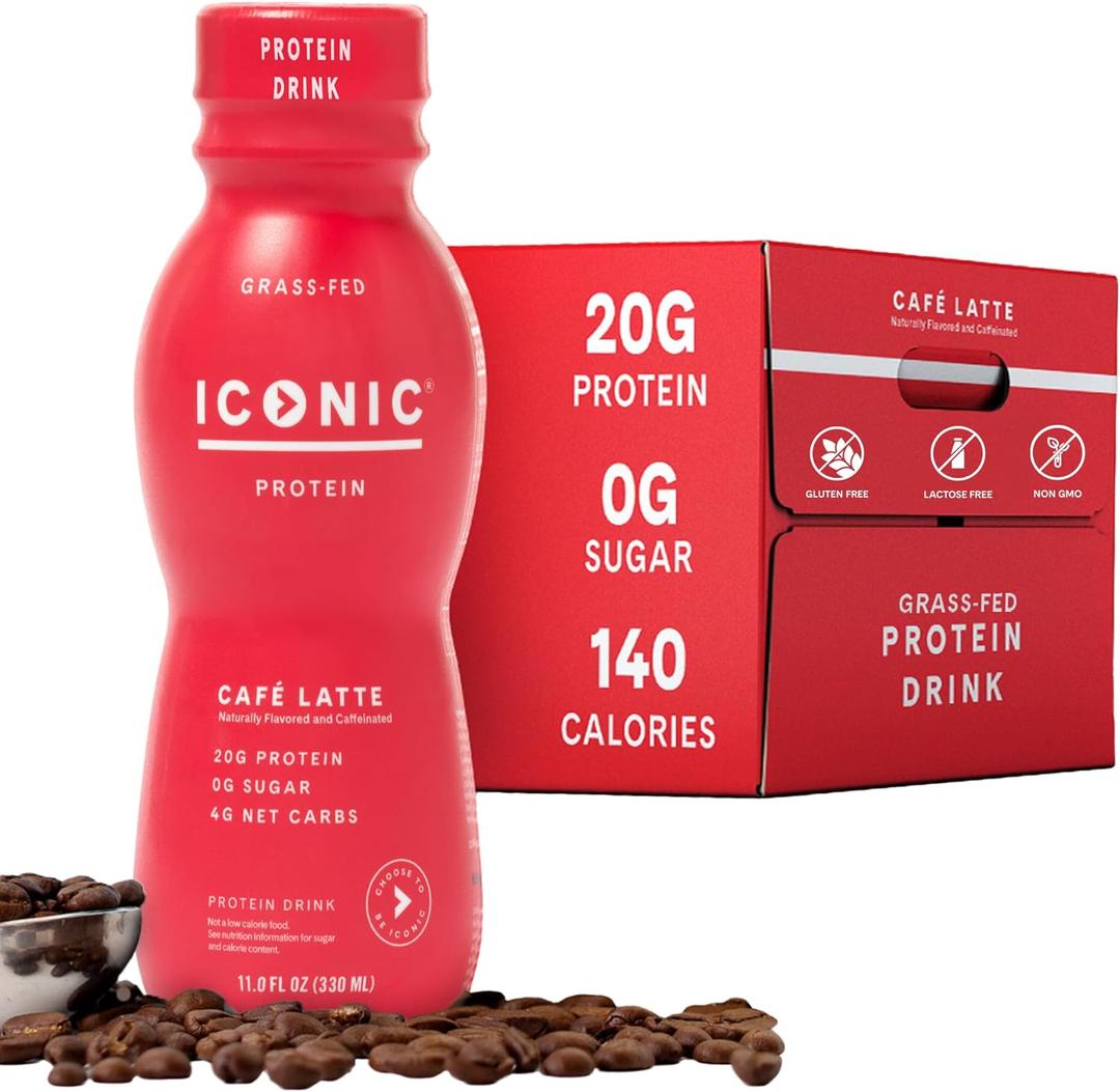 Iconic Protein Drinks, Caf Latte (12 Pack) - Sugar Free & Low Carb - 20g Protein + 100mg Caffeine - Lactose Free, Gluten Free - Keto Friendly Protein Coffee BB 09/2025