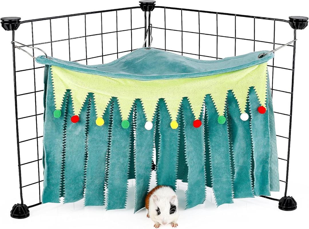 Guinea Pig Hideout - Guinea Pig Corner Hideout, Three-Sided Fringes, Triangle Top and Washable Hides, Suitable Hides for Rabbit and Other Small Pets, No Metal Fences, Green (17.3"L x 9.2"W x 10.2"Th)
