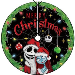 Fzbali Merry Christmas Tree Skirt 72 Inches Laceup Jack and Sally Artificial Black Green Extra Large Xmas Tree Skirt, Funny Holiday Party Indoor Decoration Home Decor