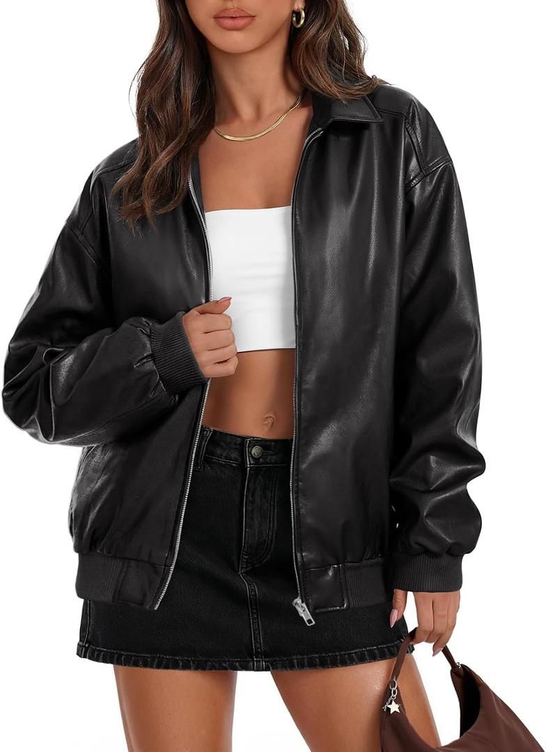 MEROKEETY Womens Fall Winter Oversized Faux Leather Jacket, Black, Large
