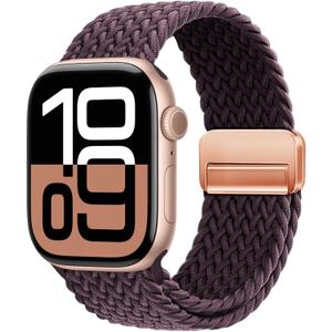OMECKY Magnetic Braided Loop Band Compatible with Apple Watch Series 11 10 42mm 9 8 7 6 5 4 40mm 41mm for Women Men, Stretchy Nylon Elastic Sport Strap for iWatch SE 1/2/3, Baby Blue (Dark Cherry-Rosegold)