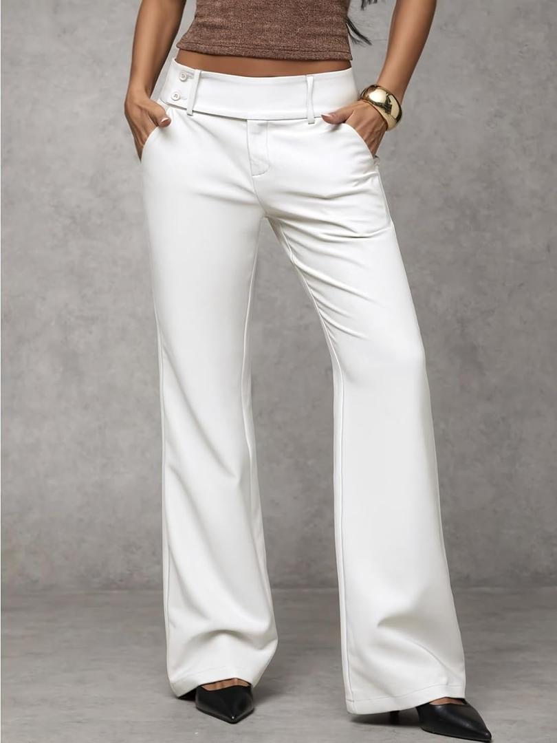 Womens Stretch Pants for Work Tummy Contro Dress Pants Slim Fit Leg Pull-On Slacks with Pockets (White, Large)