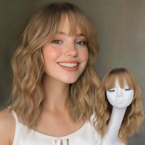 Nnzes Blonde with Light Brown Wig with Bangs for Women Shoulder Length Bob Wavy Charming Synthetic Wigs with Natural Curly Heat Resistant Hair