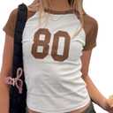 BAIGRAM Women Colorblock Raglan Short Sleeve 80 Letter Graphic Crop Tee Shirt Crewneck Slim Y2K Aesthetic Preppy Summer Tops Brown (White, L)