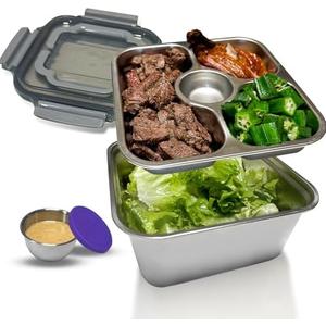 Salad Container for Lunch Stainless Steeel Salad Container 60-oz Salad Bowl with Lid 4-Compartment Bento-Style Tray, 1.5-oz Salad Dressing Container,Dishwasher, Microwave, and Oven Safe (Gray Lid)