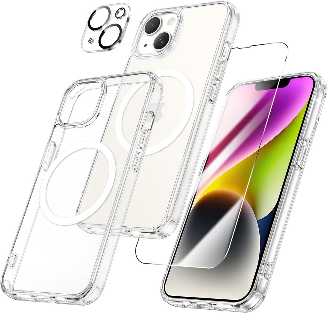 Maxdara for iPhone 14 Magnetic Case, [3 in 1] with Front Tempered Glass Screen Protector & Camera Lens Protector [Compatible with MagSafe] Slim Shockproof Cover for iPhone 14 (Magnetic Clear)
