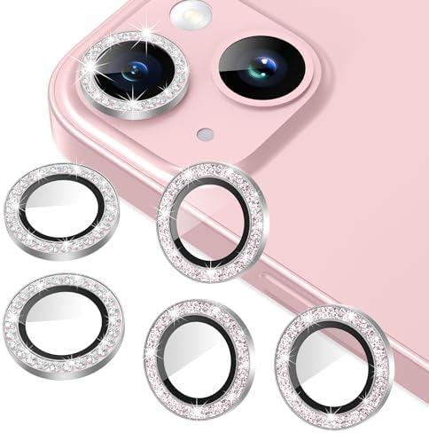 AGVEE 3+3 6 Pack for iPhone 15/15 Plus Camera Lens Protector, Bling Diamond & Bling Glitter Metal Ring 9H Tempered HD Glass Camera Protector Cover Film, Bling-Silver