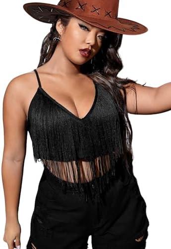 Women Plus Size Cowgirl Fringe Crop Top - Western Country Concert Outfit Rave Festival Tank Tassel Boho Rodeo Shirt 2XL