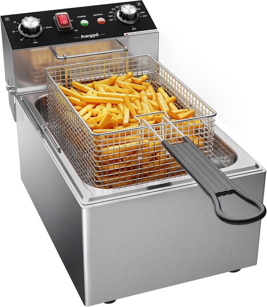 Commercial Deep Fryer, 1700W Electric Countertop Fryer with Basket, 10L Stainless Steel Single Oil Fryer with Time & Temp Control, Overheat Protection, for Kitchen Restaurant Use（10L）