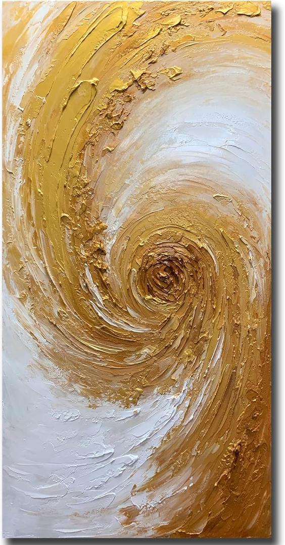 V-inspire Art,Abstract Hand drawn Oil Painting on Canvas, 24x48 Inches, Golden Tones, Acrylic Framed Living room Bedroom Wall Art