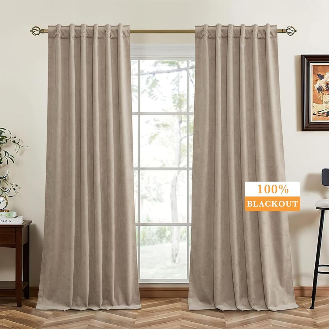 RYB HOME 100% Blackout Velvet Curtains for Living Room, Light Blocking Nursery Curtains 96 inches Long 2 Panels, Back Tab Thermal Insulated Window Drapes for Bedroom, Camel Beige, 52W x 96L (52"W x 96"L (Pack of 2), 100% Blackout - Camel Beige)