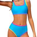 NECIOUS Teen Girls Swimsuits Two Piece Sporty Bikini Sets Color Contrast Trim Adjustable Straps Swimsuit with Chest Pad (11-12 Years, Cyan Blue)