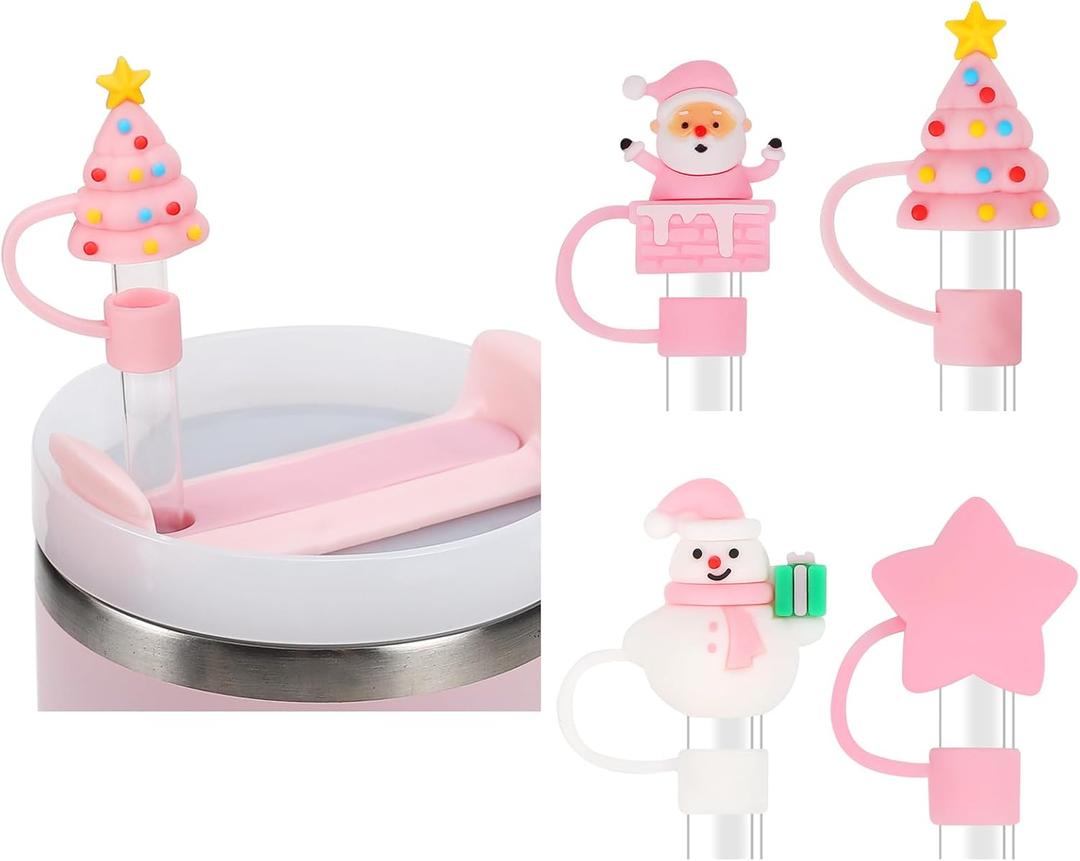 Christmas Halloween Straw Covers Cap Compatible with Stanley Cup 30 40 oz, 4PCS Silicone Reusable Drinking Straw Topper Including 4 styles, Funny Party Straw Cover for Stanley. (Pink Christmas Set)