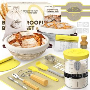 Sourdough Starter Kit with Cotton Rope Banneton Basket & Jar, Bread Baking Supplies and Tools Set, Complete Sourdough Bread Making Kit, Baking Gift for Women Moms & Beginners