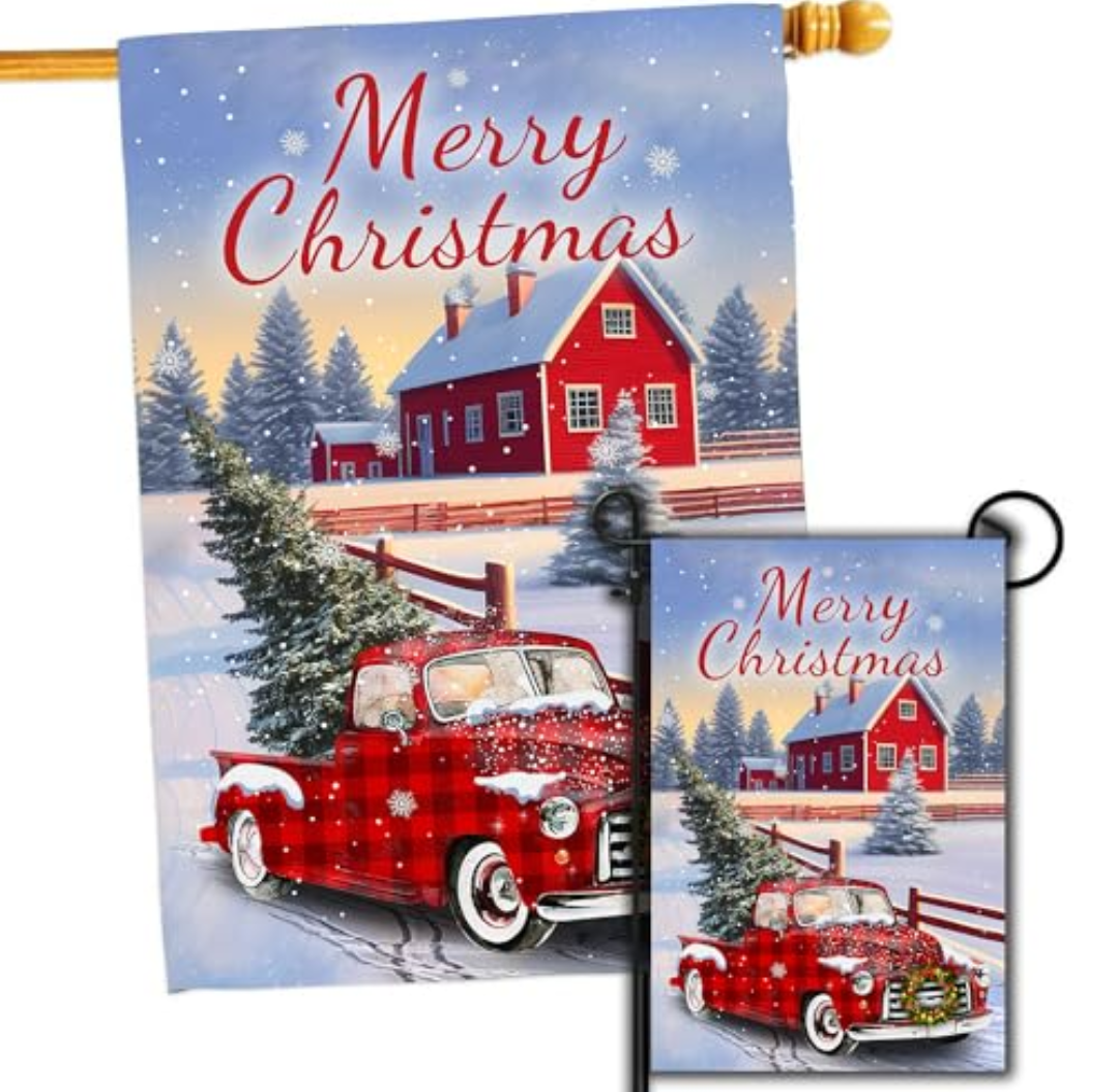4SEASONS POD Merry Christmas Flag, Set 2 Merry Christmas Red Truck House Flag 28x40 and Christmas Garden Flag 12x18 Double Side, Winter Decorations Flag for Holiday Yard Lawn Outdoor Décor