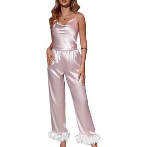 MakeMeChic Women's 2 Piece Valentines Pajamas Set Satin Silk Sexy Pjs Ruffle Cami Top and Pants Coquette Sleepwear (Large, Pink)