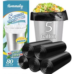 5 Gallon 80pcs (Fit 4.5-5.3 Gal) Small Black Trash Bags Strong Garbage Bags, 18-20 Liter Bathroom Trash Can Bin Liners, Unscented Plastic Bags for Office Home Kitchen, Waste Basket Liner, 5Gal-Black