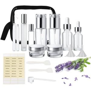 18Pack Glass Travel Bottles for Toiletries, TSA Approved Glass Travel Containers 1.35/0.7/1 oz Silver Small Travel Bottles with Label, BPA Free Leak Proof with Pump Spray Bottles for Makeup, Skincare