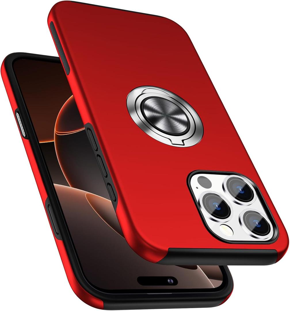 PELEPUES Shockproof Case for iPhone 16 Pro 6.3'', [Embedded Finger Ring] Military Grade Phone Case Cover with Reinforced Metal Stand Kickstand [Support Magnetic Car Holder] for iPhone 16 Pro, Red