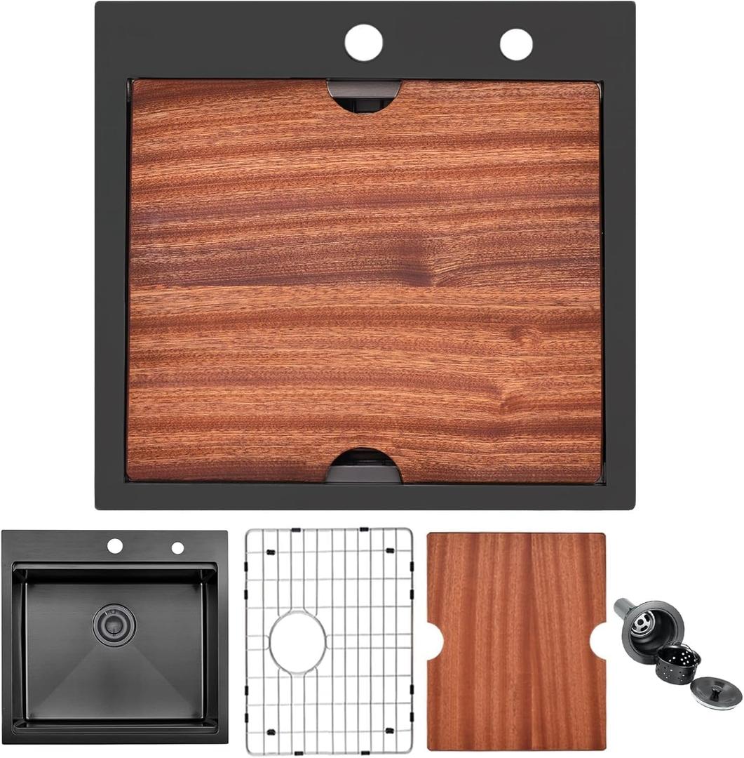 21x20 inches Kitchen Sink Black, 304 Stainless Steel Topmount Kitchen Sink, 21 inch 16 Gauge Single Bowl Workstation Drop in Prep Rv Sinks With Accessories