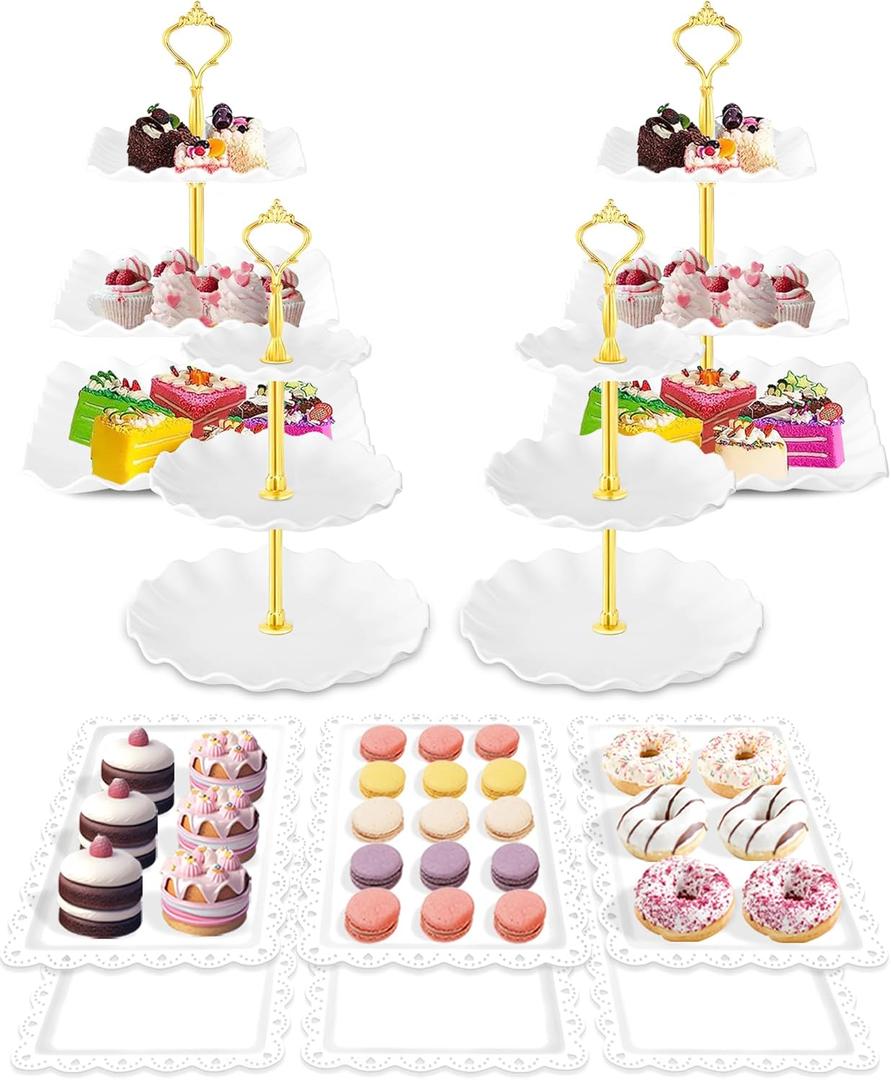 Hoedia 10 Pcs Cake Stand, Plastic Dessert Table Display Set, 4 Pcs 3 Tier Cupcake Stand Tower Holder and 6 Pcs Serving Tray for Tea Party Baby Shower Decorations