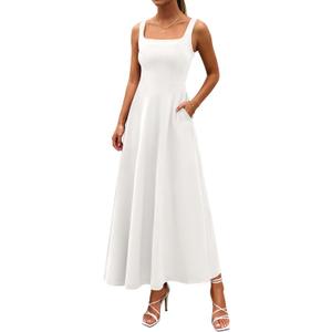 PRETTYGARDEN Womens Summer Dresses 2026 Sleeveless Elegant Square Neck Aline Swing Maxi Beach Wedding Guest Dress Pockets (S)
