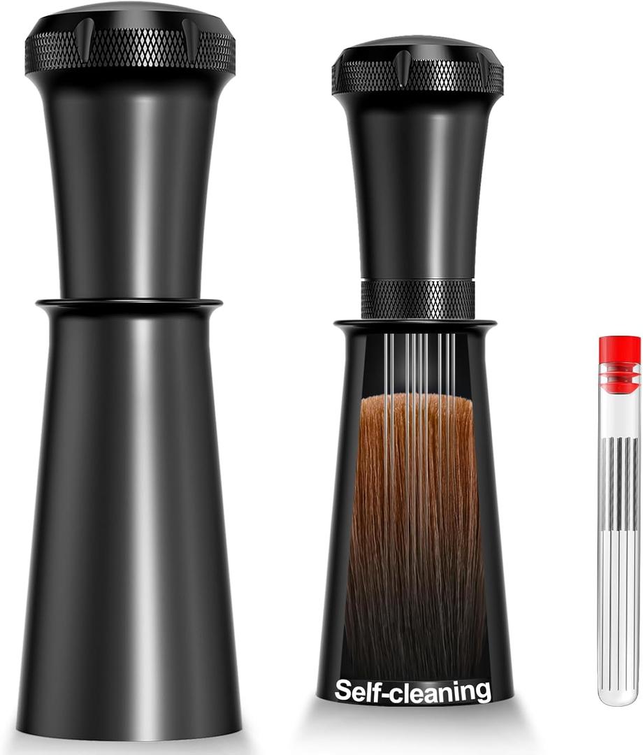 Nessus WDT Espresso Distribution Tool, Espresso Accessories with Built-in Cleaning Brush, 0.35mm 10 Needle Distributor and Extra 10 Needles for Espresso Stirrer, Aluminum Handle with Stand for Barista (Black)