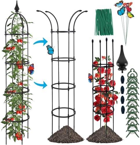 WellSign Garden Obelisk Trellis for Climbing Plants Outdoor, 6.6ft Tall Rustproof Coated Metal Plant Support with Garden Twist Tie for Tomato Cucumber Ivy Vines Rose Potted Plant Trellis 1 Pack