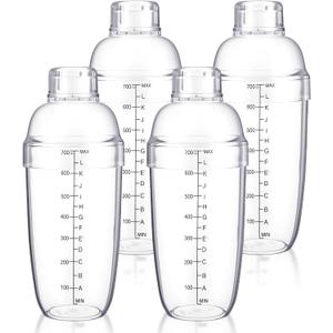 4pcs Plastic Cocktail Shaker 24oz/700ml Hand Drink Mixer with Measuring Scale and Strainer Clear Shaker Cup Tea Shakers Cup Plastic Bar Mixing Tool Transparent Bar Tool for Bartending Iced Coffee Milk