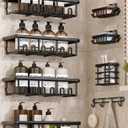 8 Pack Adhesive Rustproof Shower Shelves with Soap Dishes, Toothbrush Holder & Hooks, Large Capacity No-Drilling Shower Shelves Rack for Bathroom Organizers and Storage Accessories, Black