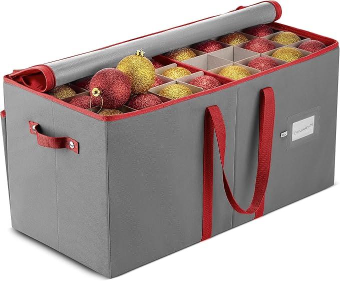 ZOBER Large Christmas Ornament Storage Box  Stores 128 3" Ornaments, With Dividers  Ornament Organizer Storage Box, Durable Christmas Containers Holder  Extra Pockets, Dual Zipper  Gray