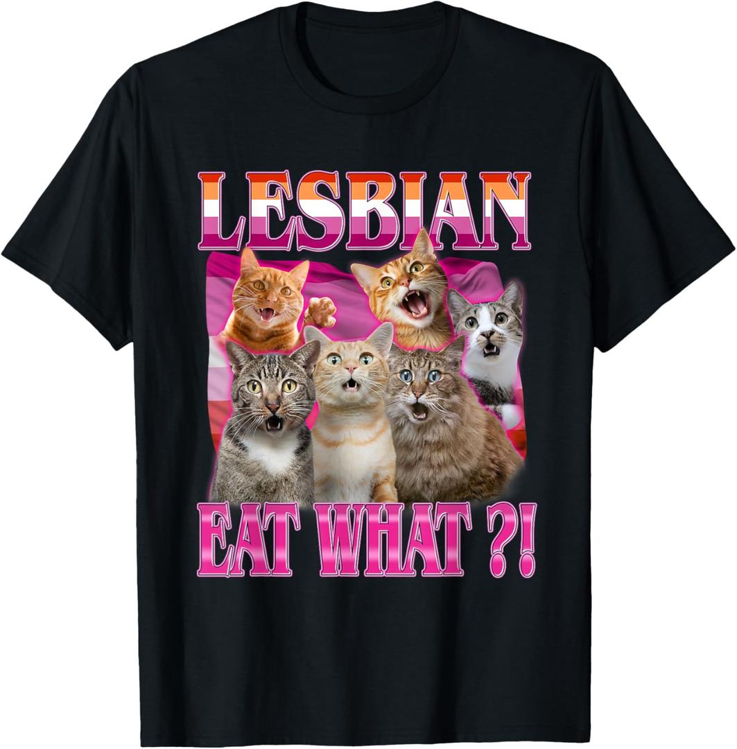 Lesbians Eat What?! Funny Cat Gay Pride LGBTQ Pun Men Women T-Shirt (Small, Black)