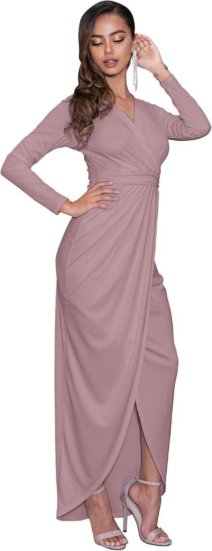 KOH KOH Womens Long Sleeve Full Length V-Neck Sexy Wrap Empire Waist Formal Winter Fall Cocktail Wedding Evening Gown Gowns Maxi Dress Dresses, Dusty Pastel Pink L 12-14
