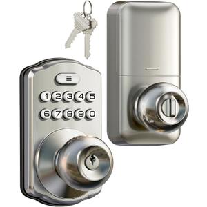 Veise Keypad Door Knob Lock, Keyless Entry Digital Lock with Handle, Electronic Knob for Front Door & Bedroom, Easy Installation, Auto-Locking, Passage Mode, Satin Nickel