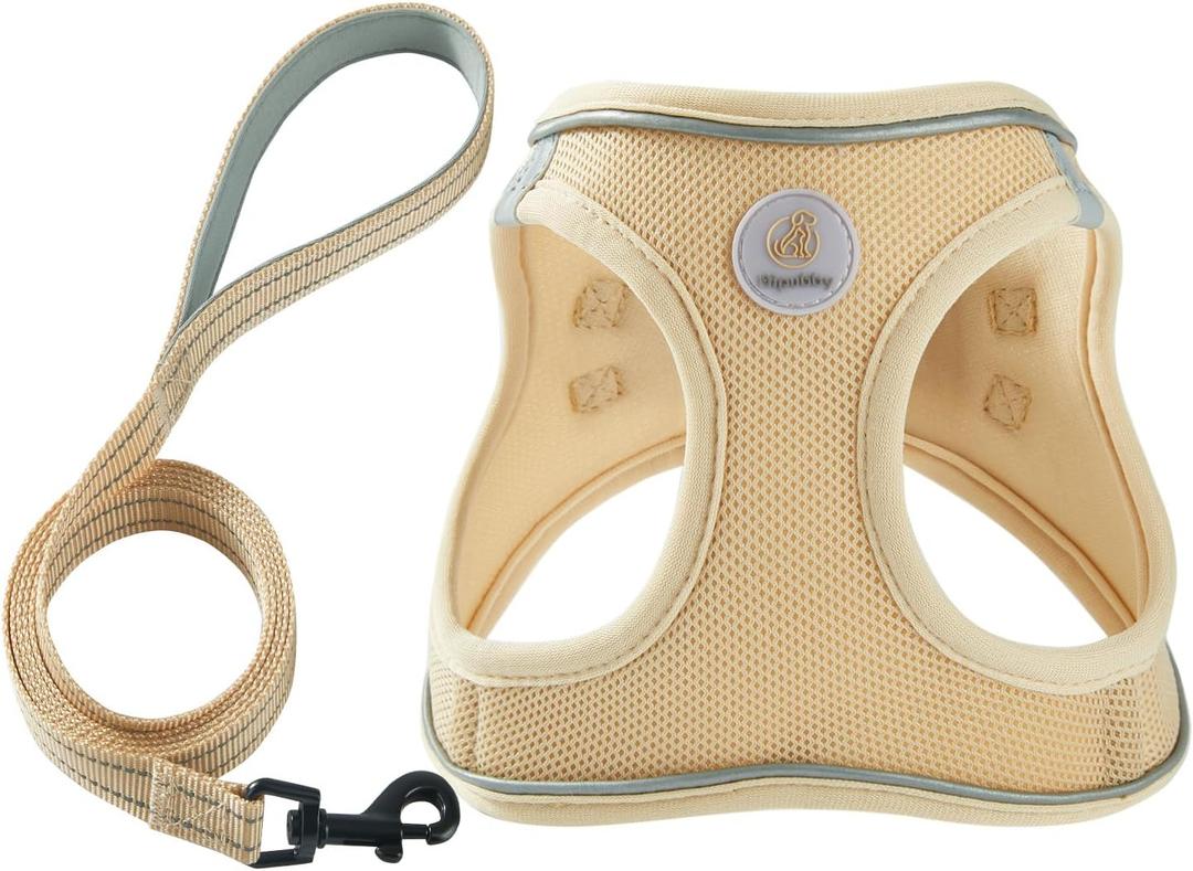 Hipubby Dog Harness and Leash Set, No Pull Soft Mesh Puppy Harness for Small Medium Dogs, Cats - Step in Reflective Breathable Lightweight Vest Harness for Walking, Training - Khaki, S (S (Chest: 15.5"-17"))