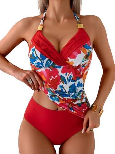 B2prity Women's Halter Tankini Set Tummy Control Swimsuit Mesh V Neck Two Piece Bathing Suit with High Waisted Bottom XL