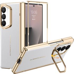 for Samsung Galaxy Z Fold 7 Case with Leather Back, Built-in Camera Kickstand, Electroplated Frame & Hinge Protection, Screen Protector, Thin & Slim Leather Stand Cover 5G 2025, White