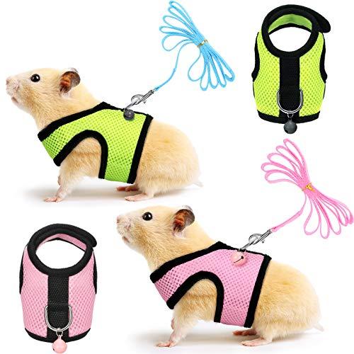 SATINIOR 2 Pcs Guinea Pig Harness and Leash Set Guinea Pig Leash Soft Mesh Harness Bell No Pulling Comfort Vest for Baby Ferret Rats Hamster Bunny Rabbit Chinchilla and Small Pet(Green, Pink,S)