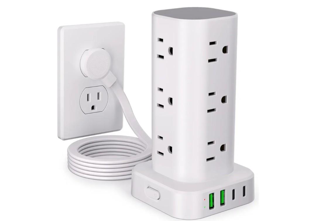 Power Strip Tower with Multiple Outlets, Flat Plug Surge Protector Tower Extension Cord with 12 AC Outlets 4 USB Ports (2 USB C), 6FT Cord Power Tower Surge Protector for Home Office Dorm Room, White