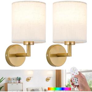 Battery Operated Wall Sconce Set of 2,Rechargeable Wall Lights with Remote Control,Wireless Wall Sconces with 3000mAh Detachable LED Bulb,15 Colours Dimmable Wall Lamp for Bedroom Living Room Hallway (Gold)